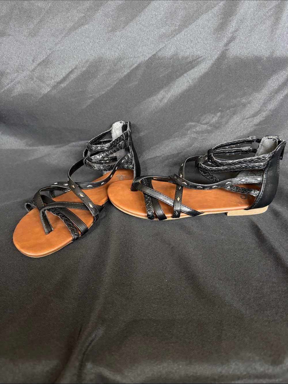 SO Black Strappy Gladiator Sandals with Tan Footbed